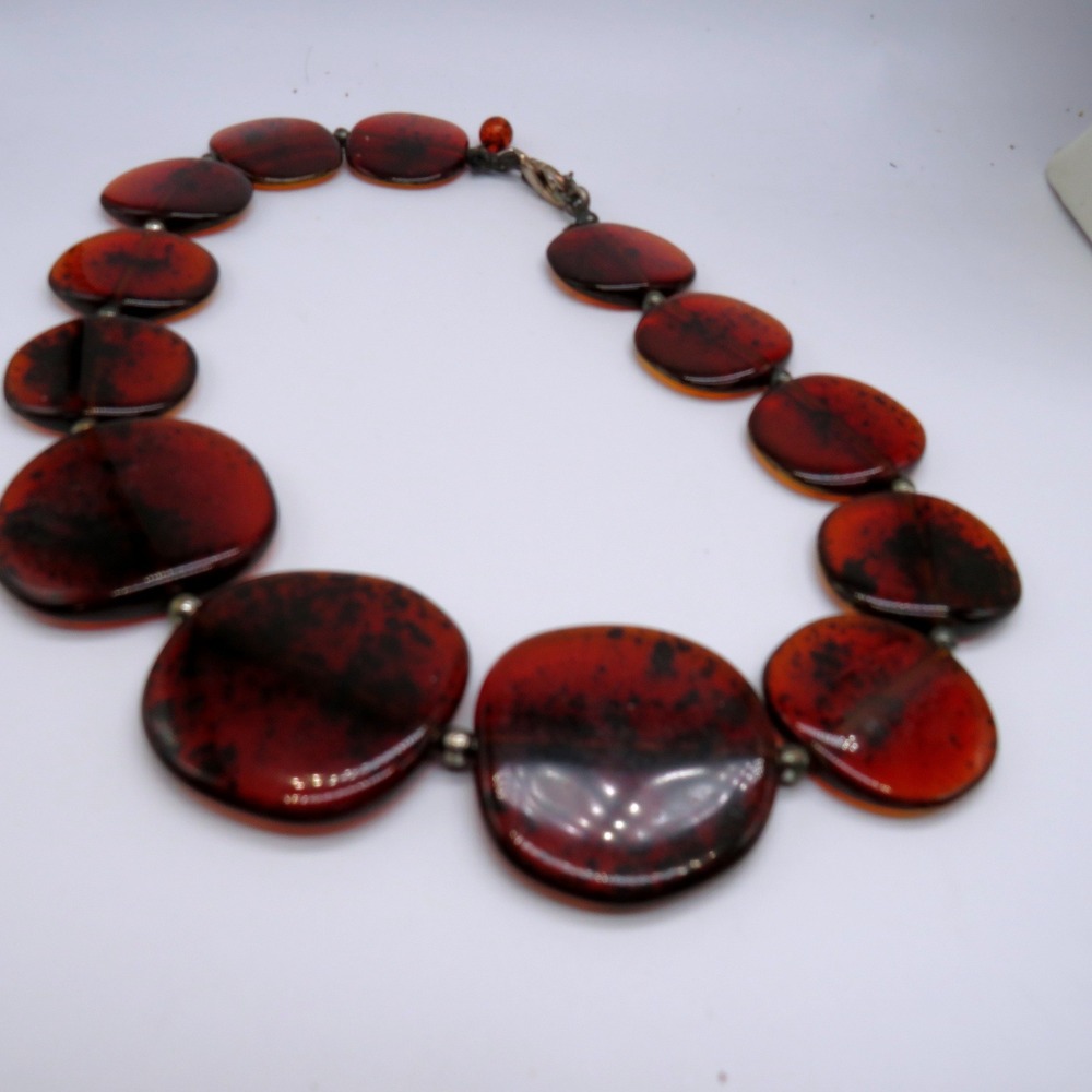 Vintage Rootbeer Brown Statement Necklace Large Oval Tortoise Beads 17 Inch